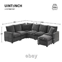 110Modern L Shape Modular Sofa, 7 Seat Chenille Sectional Couch Set with2 Pillows