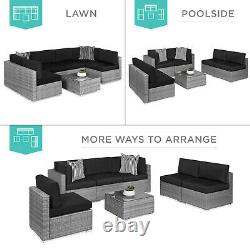 7-Piece Modular Outdoor Wicker Sofa Set Black/Grey with Protective Cover