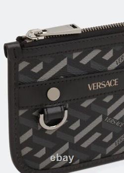 NEW Versace La Greca Rectangular Modular Coin Pouch Mini Black Gray 5.5x4.5