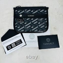 NEW Versace La Greca Rectangular Modular Coin Pouch Mini Black Gray 5.5x4.5